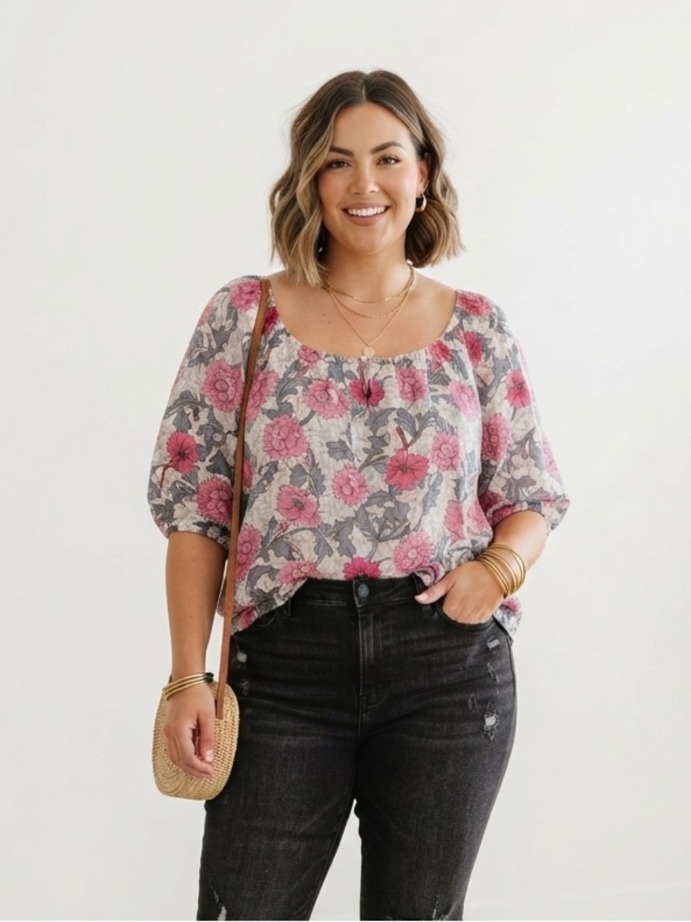 Torrid Floral Print Peasant Blouse Women’s Plus Size Pink Gray Boho Top,Size 4x